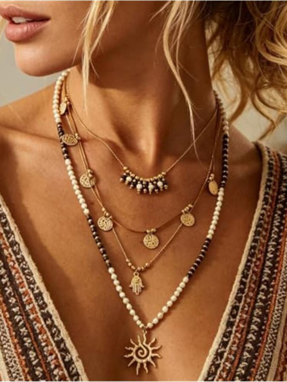 Boho Layered Beaded Necklace Sun Pendant Tassel Long Statement Jewelry